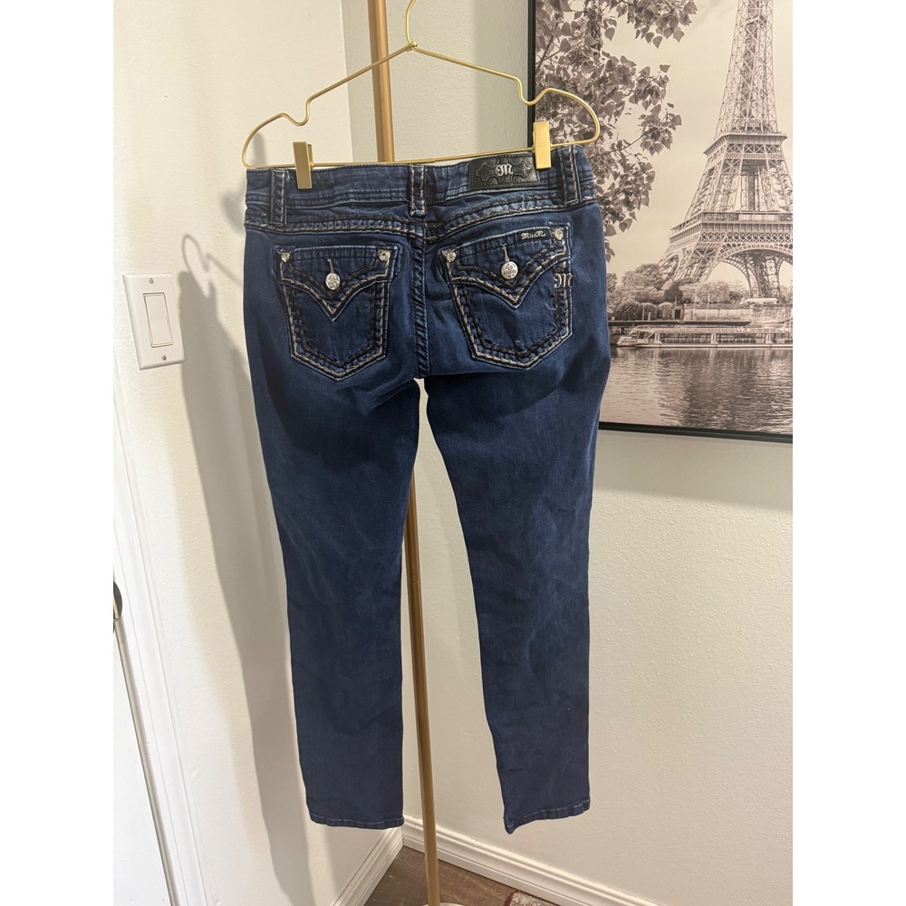 Miss Me Womens Mid Rise Skinny Jeans Dark Wash Embellished Flap Pocket Size 30
